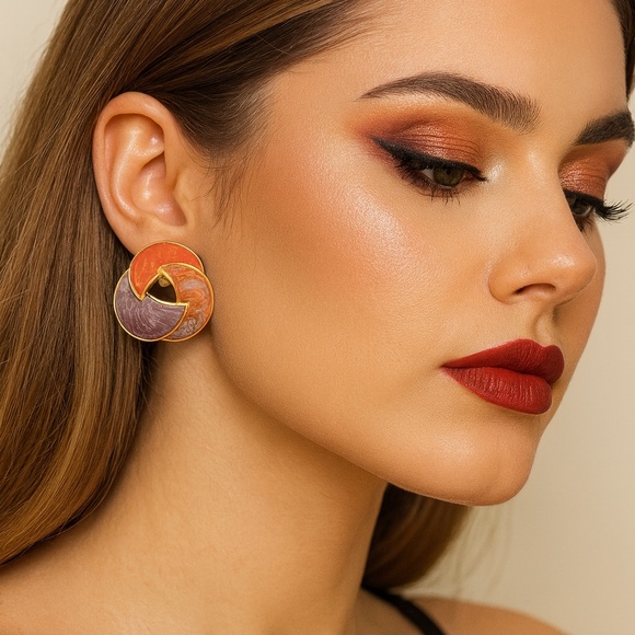 Retro Orange & Lavender Enamel Earrings | 80s Swirl Design Statement Studs - Picture 2 of 9